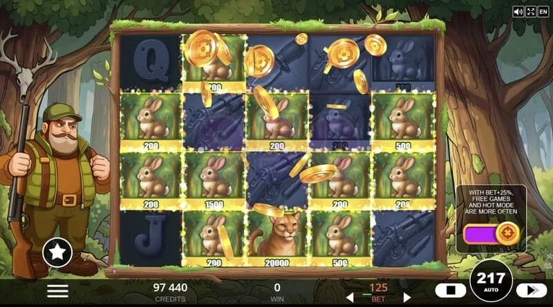 Hunt the Bucks - specielle symboler Hunter-Wild, Scatter og Animal Credit på gitteret